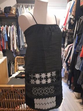 Black Strappy Mini Dress with White Embroidered Panels